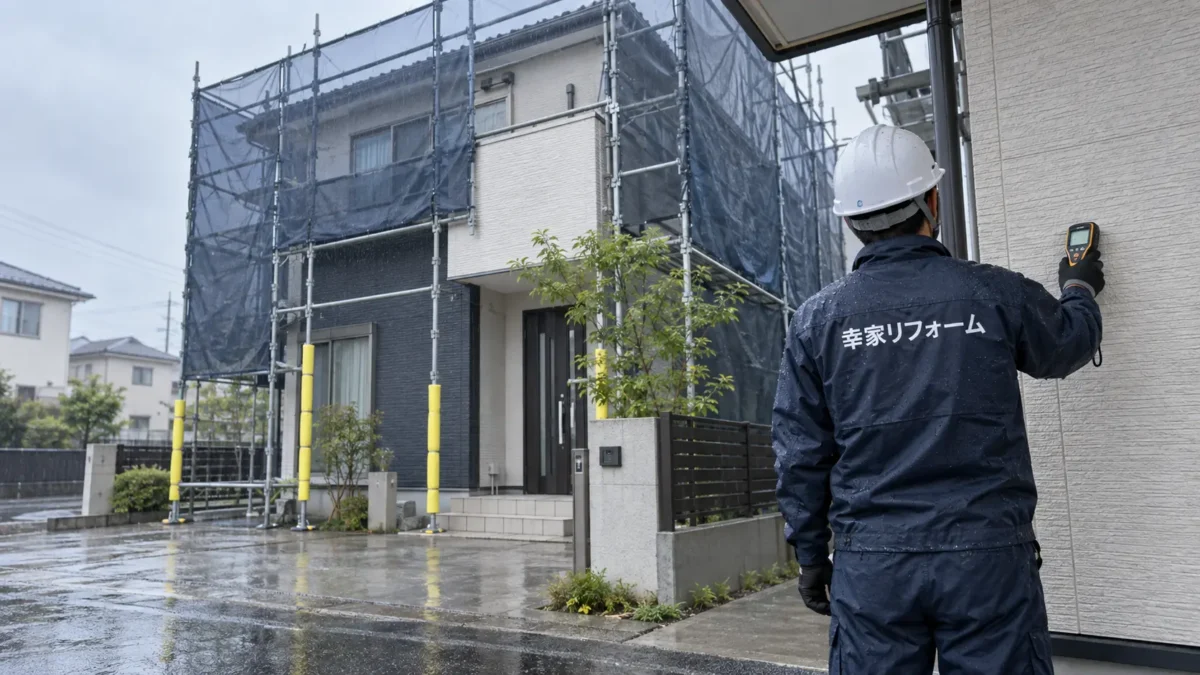 雨天時に外壁の水分状態を確認する幸家リフォームの職人の説明用イメージ