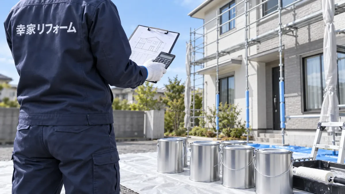 外壁塗装で使用する塗料缶と施工面積を確認する幸家リフォームの職人(説明用イメージ)