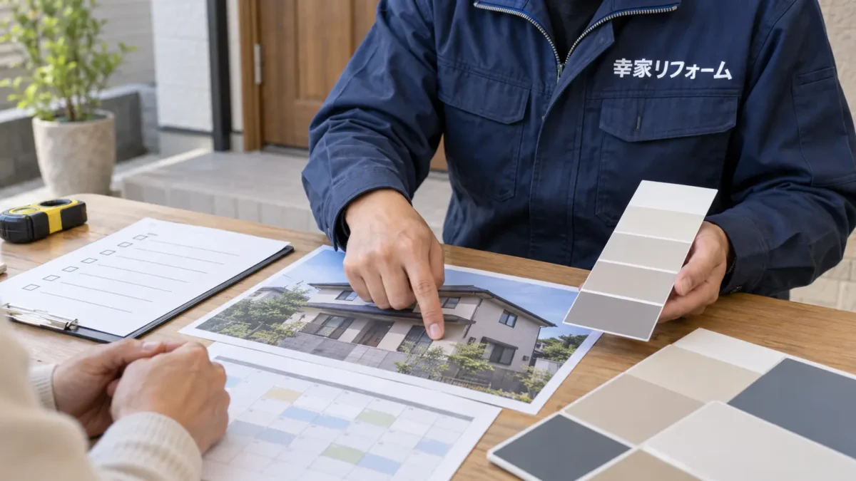 外壁塗装の着工前打ち合わせを行う幸家リフォームの自社職人の説明用イメージ