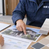 外壁塗装の着工前打ち合わせを行う幸家リフォームの自社職人の説明用イメージ